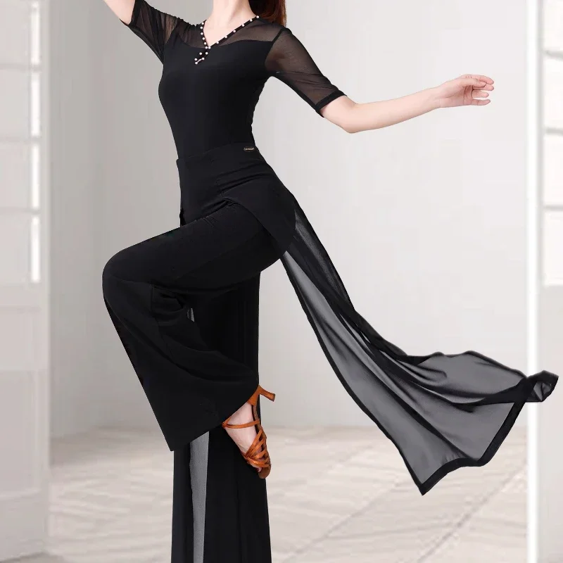 Pantalones de baile latino para mujer, novedad de verano, pantalones de pierna ancha de cintura alta para actuación de baile, pantalones con cinta flotante