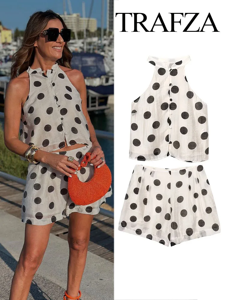 

TRAFZA Women Shorts Set Fashion Polka Dot Halter Neck Collar Sleeveless Top+Chic Zipper Pleated Pocket Decorative Casual Shorts