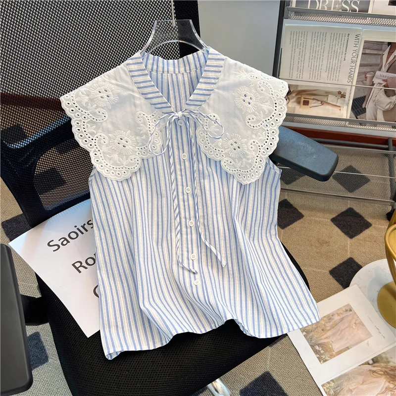 

French Lace Patchwork Tie Striped Causal Sleeveless Shirt Vest for Women 2025 Summer New