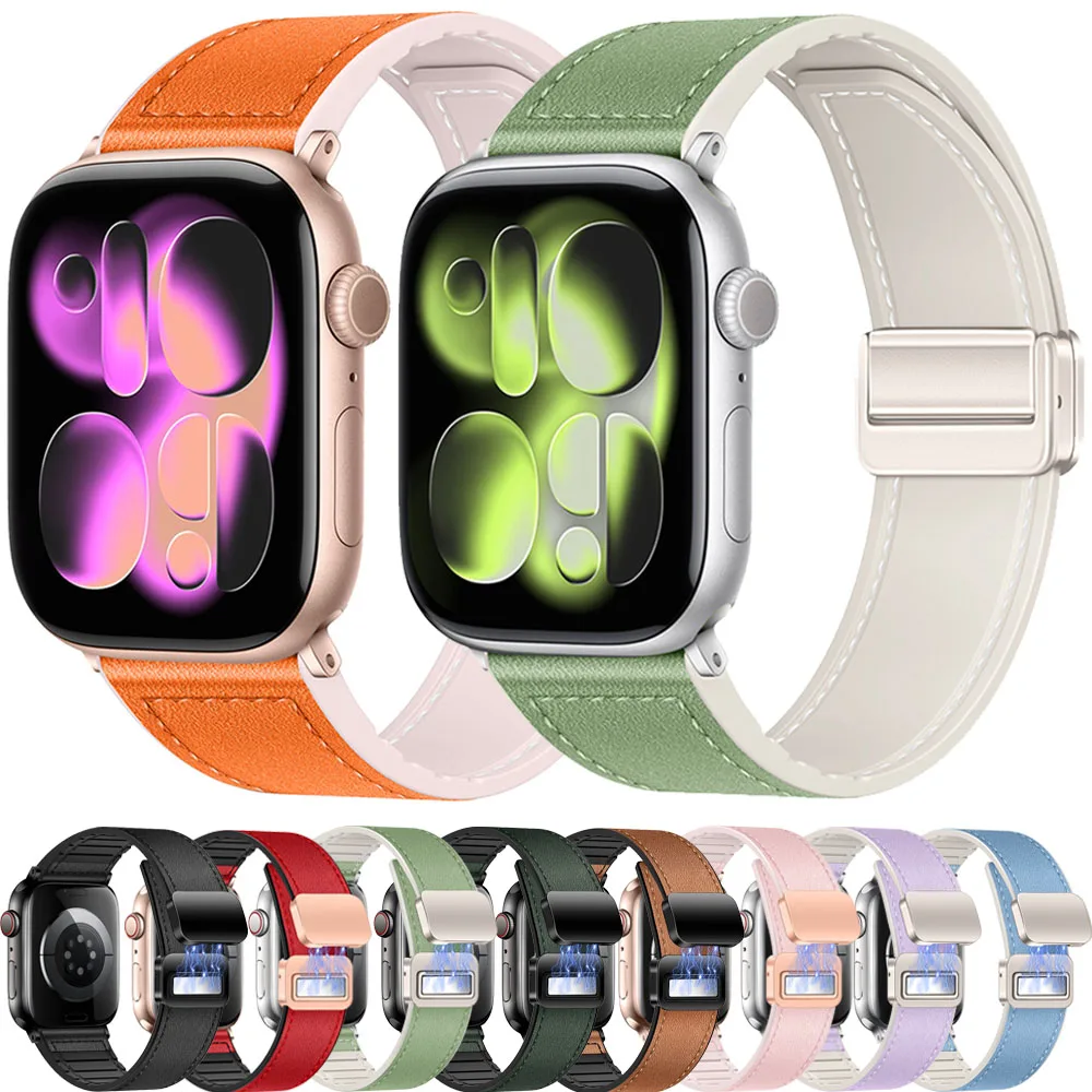 Correa de silicona + cuero para Apple Watch 11 10 42mm 46mm Ultra 3 49mm pulsera magnética iWatch 9 8 7 6 5 SE3 45/41mm 40/44mm