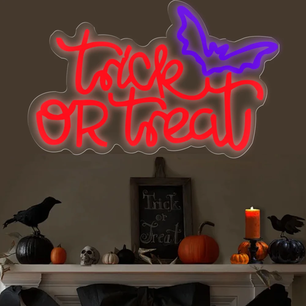 Halloween Trick or Treat Neon Sign , 16x11 in Dimmable USB Powered Halloween LED Red Light for  Shop Bar Party Wall Decor