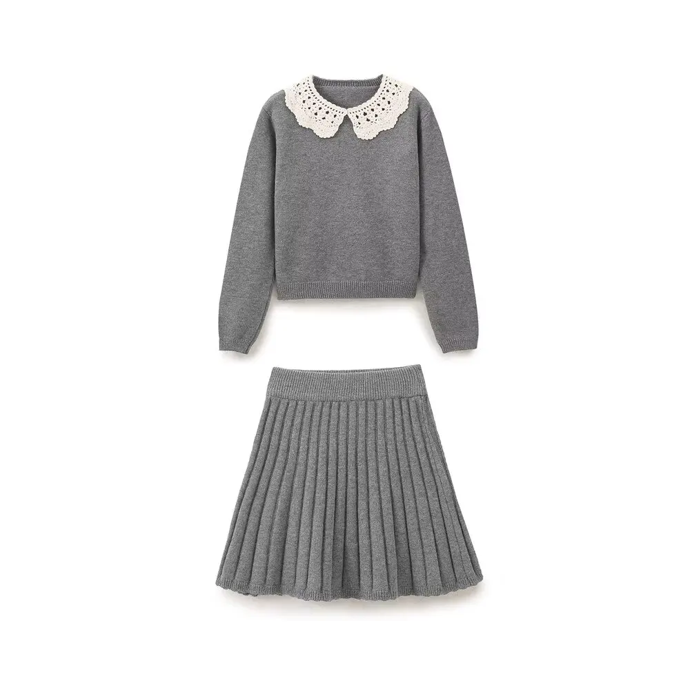 PB & ZA-Women's Contrast Crochet Collar Sweater and Skirt Suit, Retro, Casual Chic Female Set, New Fashion, Autumn, 2024, 2 Pcs image 3