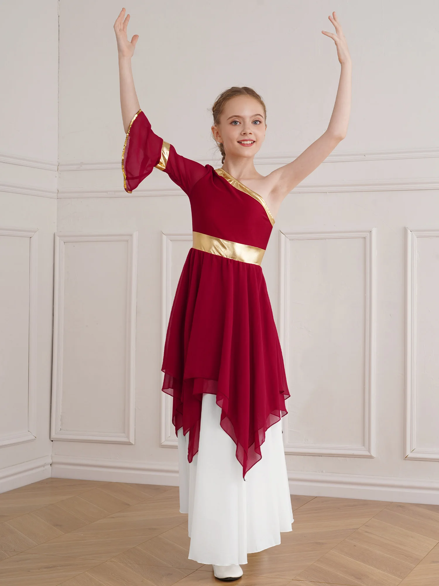 Kids Girls One Shoulder Praise Ballet Lyrical Dance Costume Worship Dress Celebration Irregular Hem Liturgical Dancing Dresses