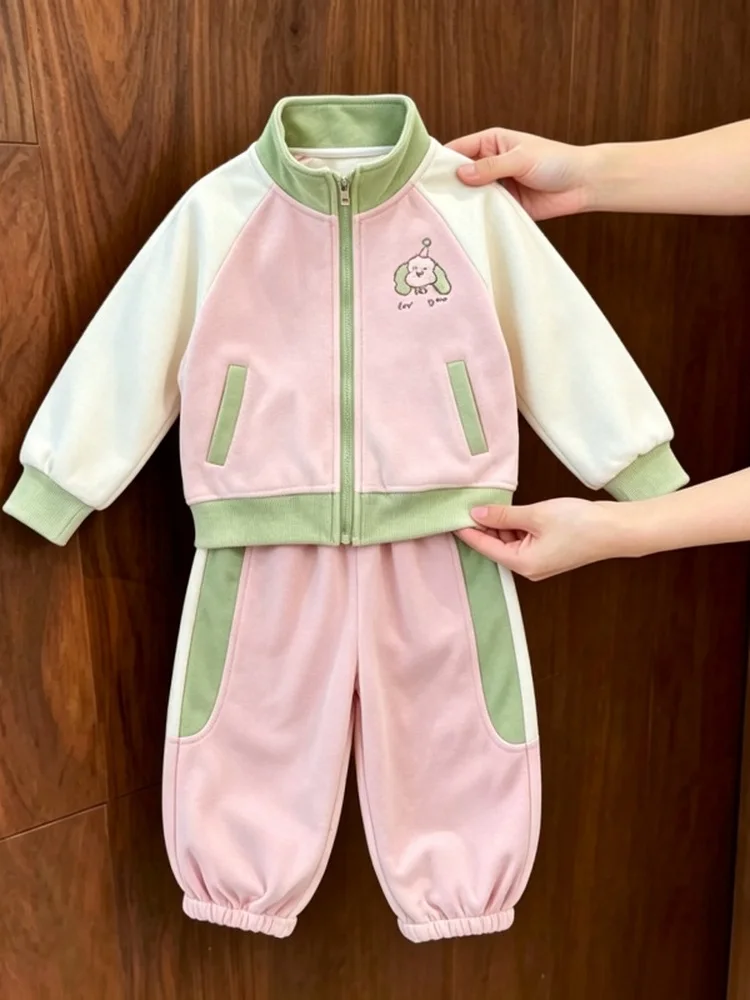 Girls Sports Outfit Autumn 2026 New Fashion Baby Girl Casual Embroidered Color Block Two-Piece Set Comfortable Breathable Clo...