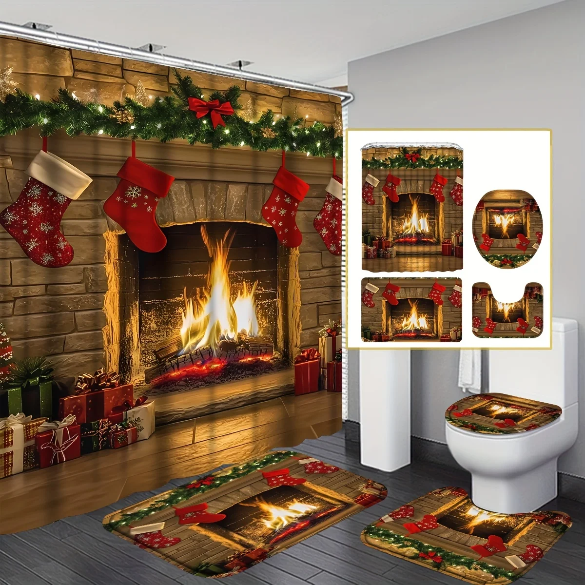 4pc 2D Flat Christmas Fireplace Shower Curtain Set, Xmas Bathroom Partition, Holiday Bathroom Decor, 12 Hooks Included