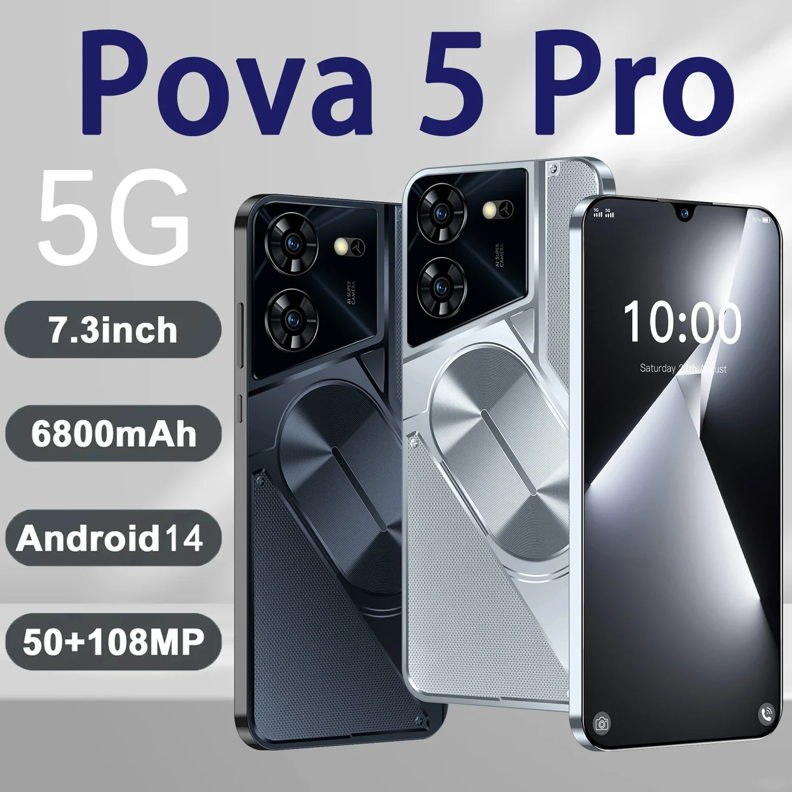 Смартфон Pova 5 Pro, телефон с экраном 7,3 дюйма HD, 16 ГБ, 1 ТБ, Android 14, 6800 мАч