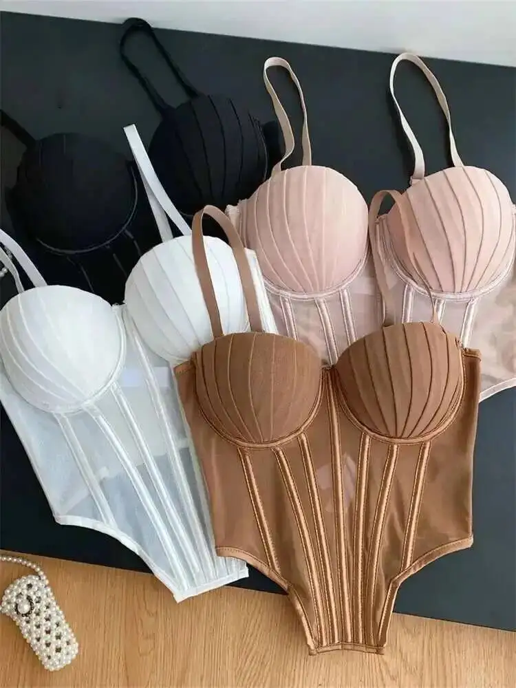 

Fashion Solid Corset Lingerie Top Ladies Strap Sheer Mesh Slim Camisole American Retro Backless Beach Sexy Tank Top