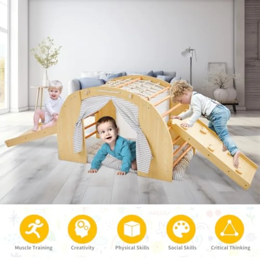 Giocattoli da arrampicata per bambini 1 scalatore ad arco con 2 rampe per scorrere o arrampicata, casa da palestra per giochi in legno per interni con cuscino per tenda e fare