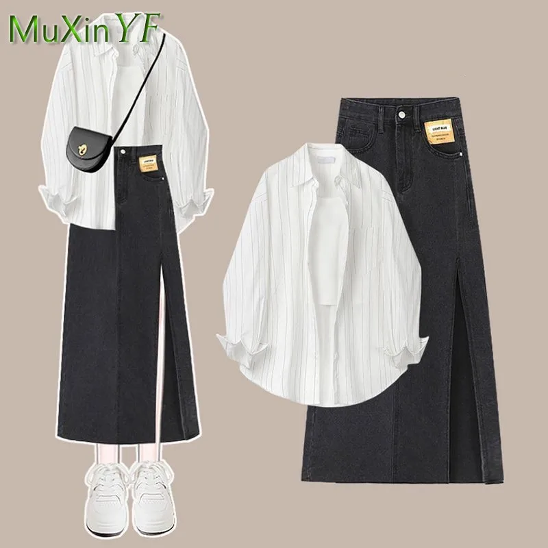 Women\'s Summer New Fashion Denim Skirt Suit 2024 Korean Elegant Sunscreen Striped Shirt+Sling+Sexy Split Dress Three Piece Set