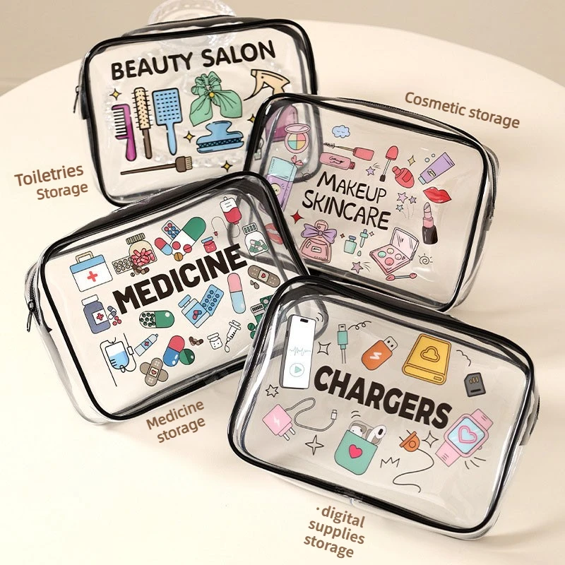 Bedruckte Transparente PVC Wasserdichte Kosmetiktasche Tragbare Reise-Toilettenartikel-Organizer-Tasche für Make-up Datenkabel Zuhause Badezimmer