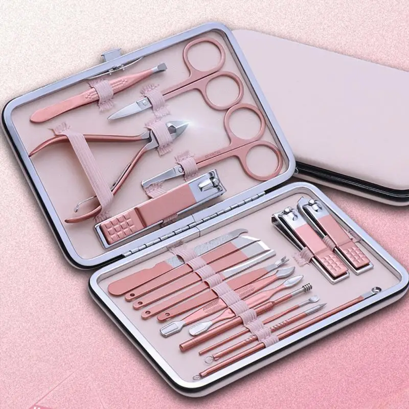 7/12/16/18 Pcs Spring Pink New Stainless Steel Nail Clippers Set Grooming Tool Set With Portable Case Manicure Art Tool