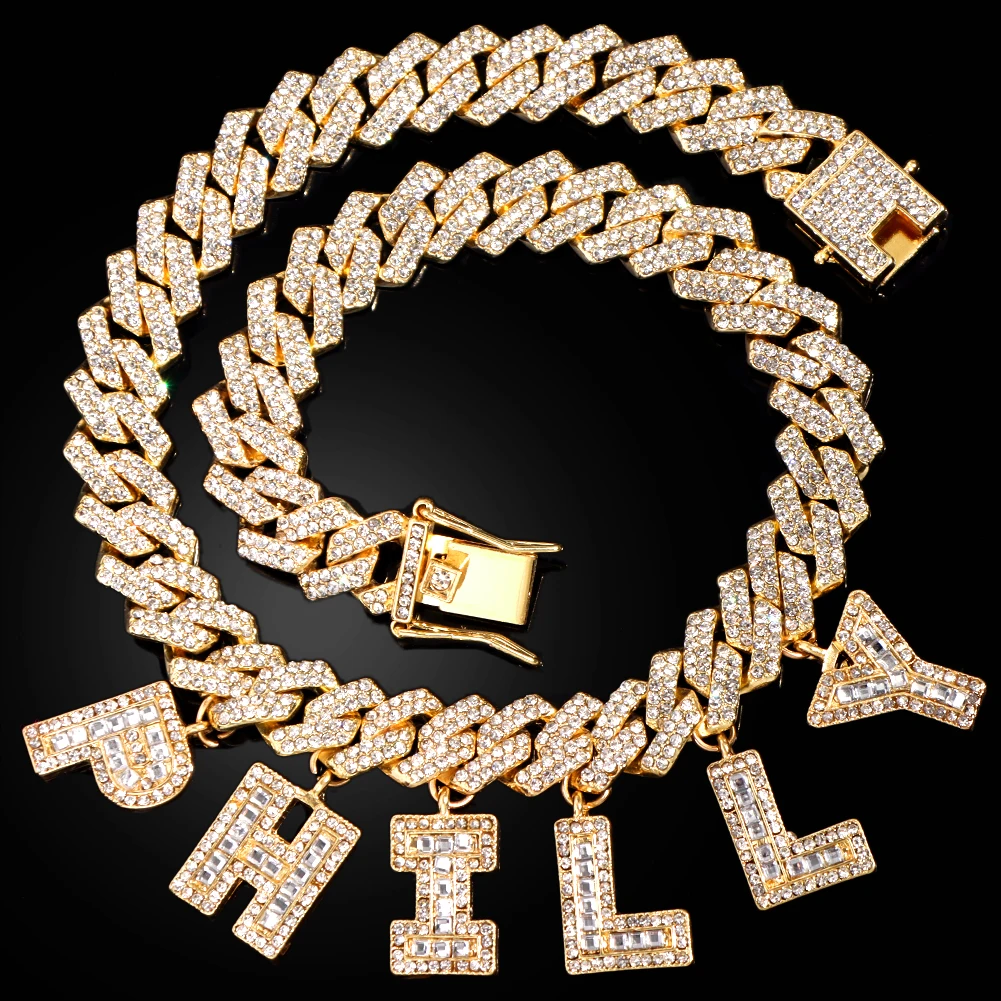 Custom Name Miami Cuban Link Chain Letter Necklace for Women Full Rhinestone Baguette Alphabe Necklace Hip Hop Birthday Jewelry
