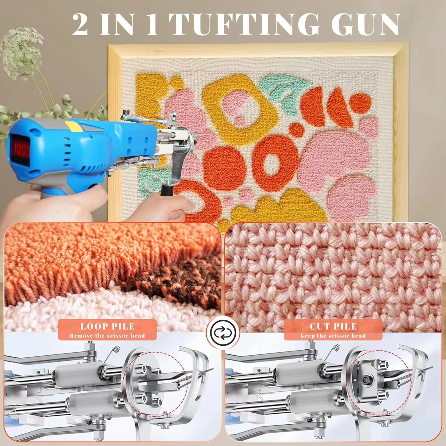 2in1 With Trimmer Cut Loop Pile Brushless Motor With LED Light & Carving Clippers Tufting Starter Kit