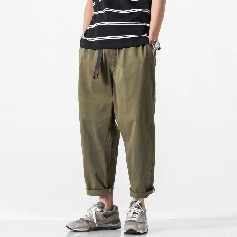 

100% Cotton Casual Summer Pants With Belt Men Straight Baggy Ankle-Length Cargo Trousers Wide Leg Sweatpants Male Streetwear