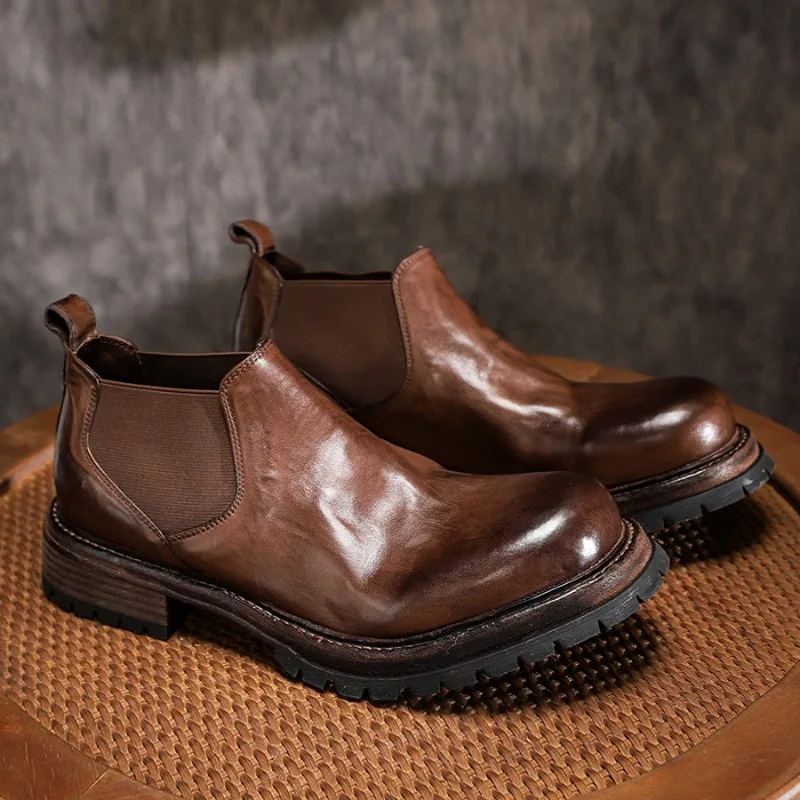 Handmade Men Ankle Boots Genuine Leather Slip on Business Formal Chelsea Boots Casual Work Shoes