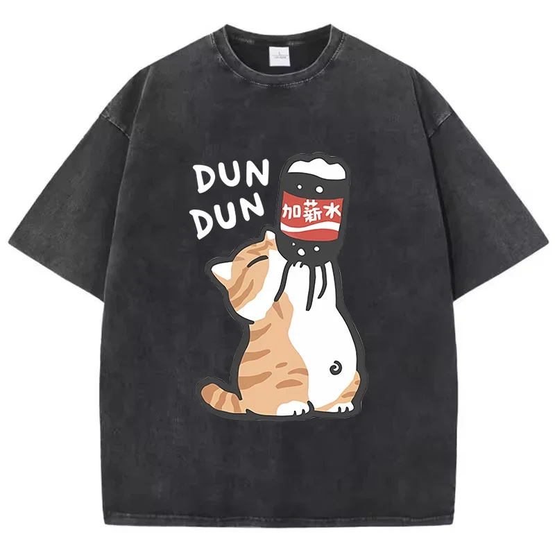 Manga Retro Washed 100% Cotton T-Shirt Cat Chinoiserie Style Vintage Top Tee Casual Streetwear Men Women T Shirt