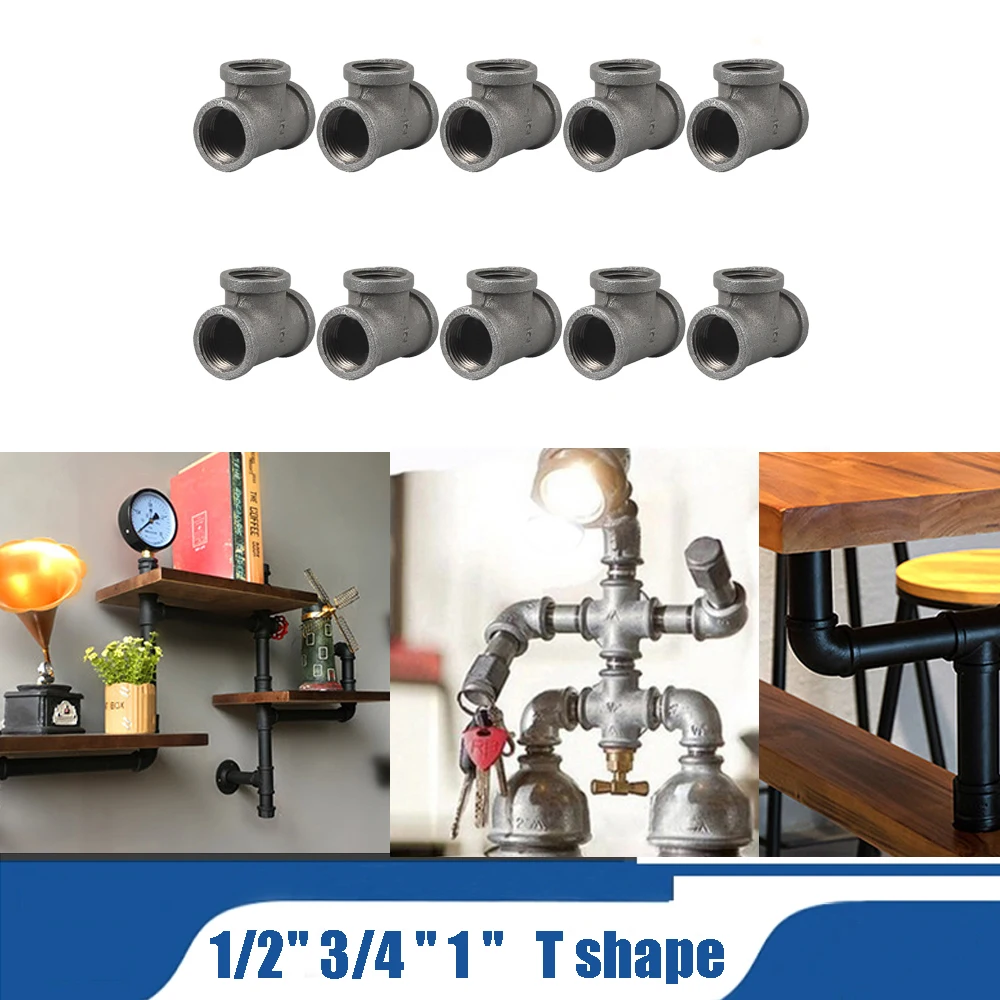 

10 Pcs 1/2" 3/4 " 1 " Pipe Tee Malleable Cast Iron Tee Head Wrought Iron Fitting for BSP Threaded Pipe Bookshelves Hanger