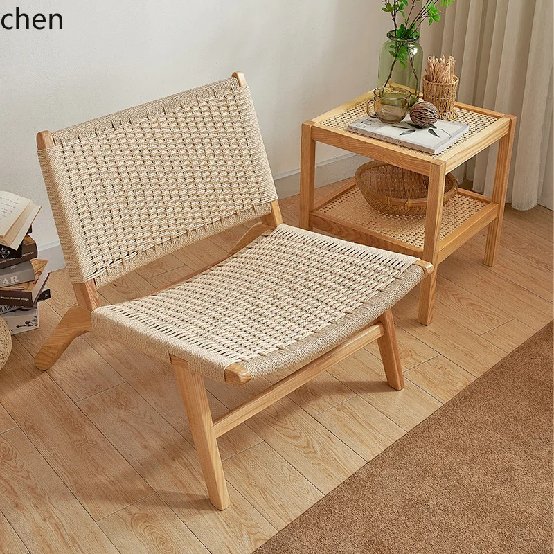 HT Solid Wood Sofa Chair Woven Backrest Chair Living Room Single Simple Balcony Leisure Chair Saddle Leather