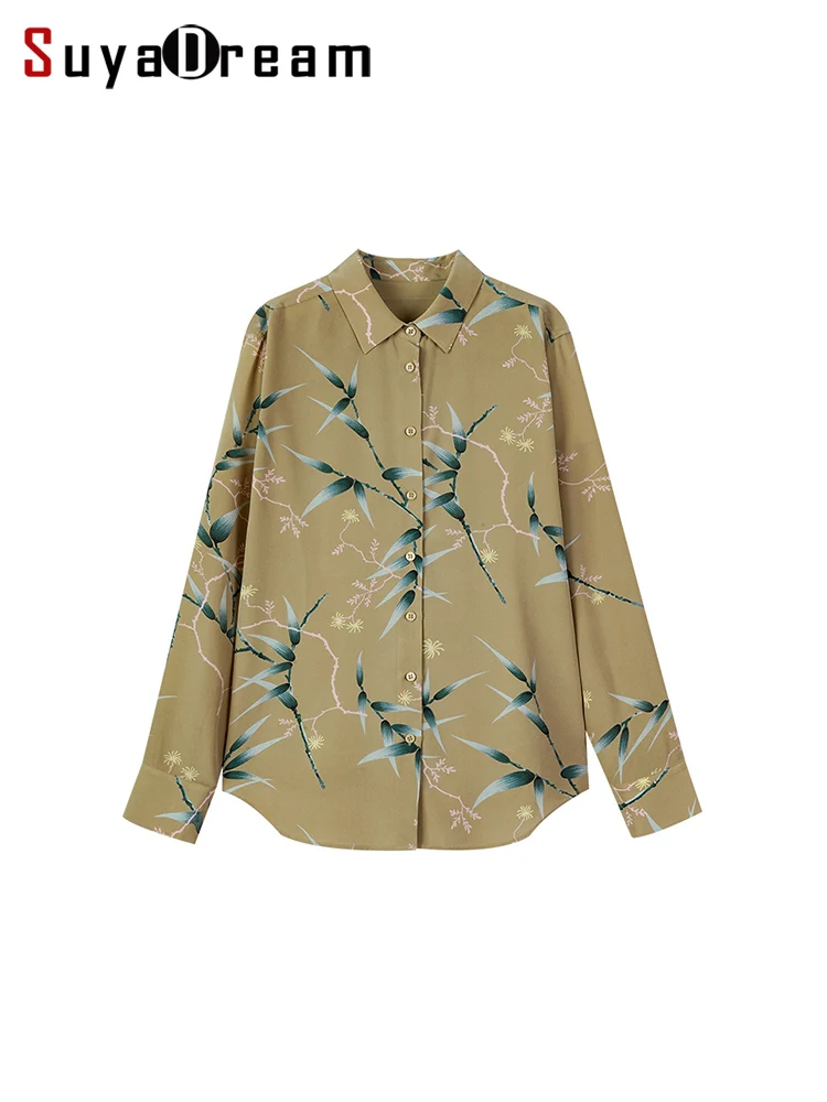 SuyaDreamm, Woman Floral Printed Shirts, 100%Silk Crepe, Turn Down Collar Blouses, 2024 Spring Summer Office Lady Top