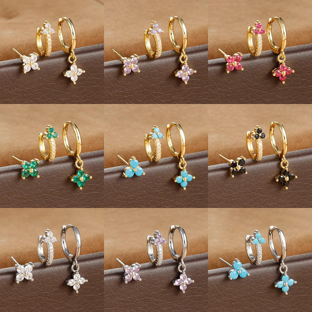 3PCS Stainless Steel Hoop Earrings Set For Women Multicolor Crystal Geometry Zircon Gold Plated Huggie Pendant Piercing Jewelry