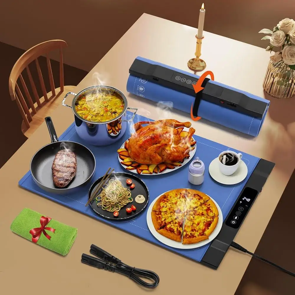 Electric Warming Tray Kitchen Countertop Food Warmer with 7 Temperature Settings 6 Hour Timer Safe Eco-Friendly Silicone Design