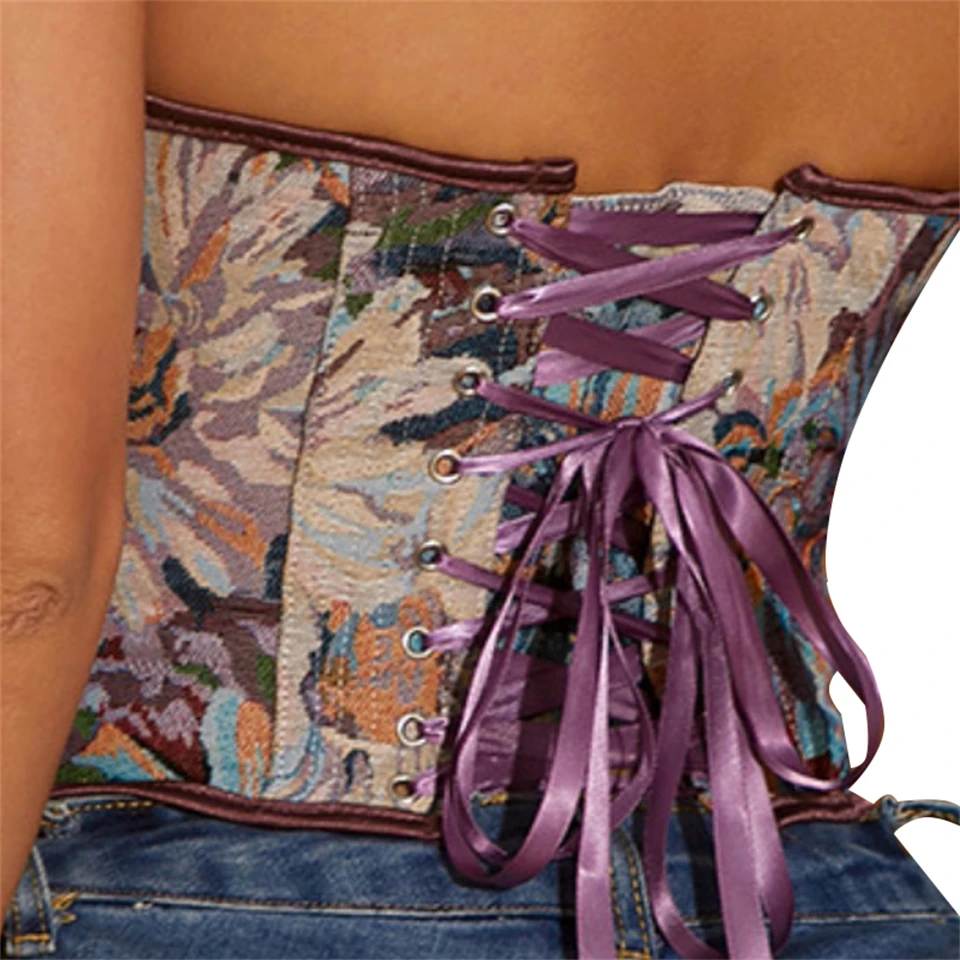 Becirzet Vintage Korsett Taillenformer Shapewear Mehrfarbige Blumen Bustier Top Schnürung Schlankmachende Damenbekleidung – Detail 11