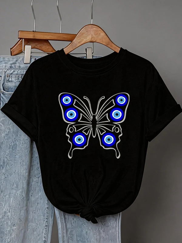 Women's Boho Nazar Amulet T-Shirt Evil Eye Print Short Sleeve Tees Tops with Butterfly Design Graphic Y2k T Shirt Clothes Female