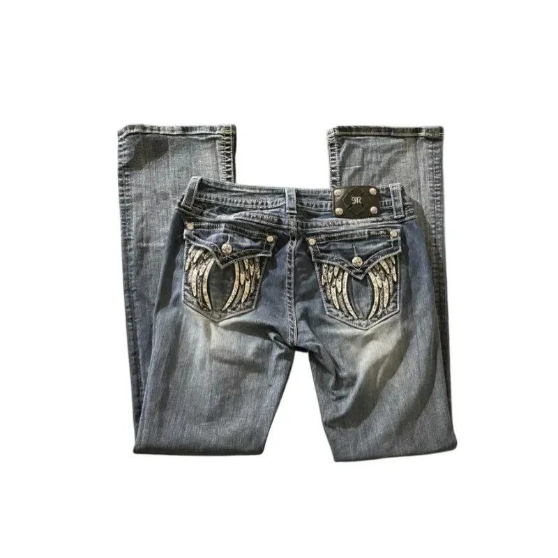 

2025 Boot Cut Jeans for Women Retro Miss Me Style Embroidered Wing Pocket Blue Denim Gothic Wide Leg Pants Hip Hop Streetwear