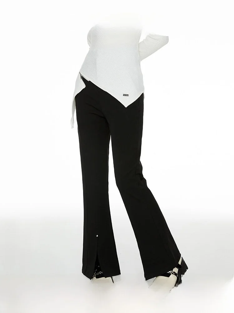 

Black Casual Low Waist Bell Bottom Pants Women's Winter Slimming Low Waist Versatile Split Pants Foot New Long Pants