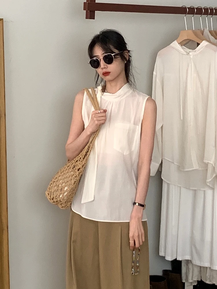 

Ele Commute Tie-Detail Svel irt Women's Summer Thin Design High-End Blouse Top Korean Sle Loose Fit round Ne
