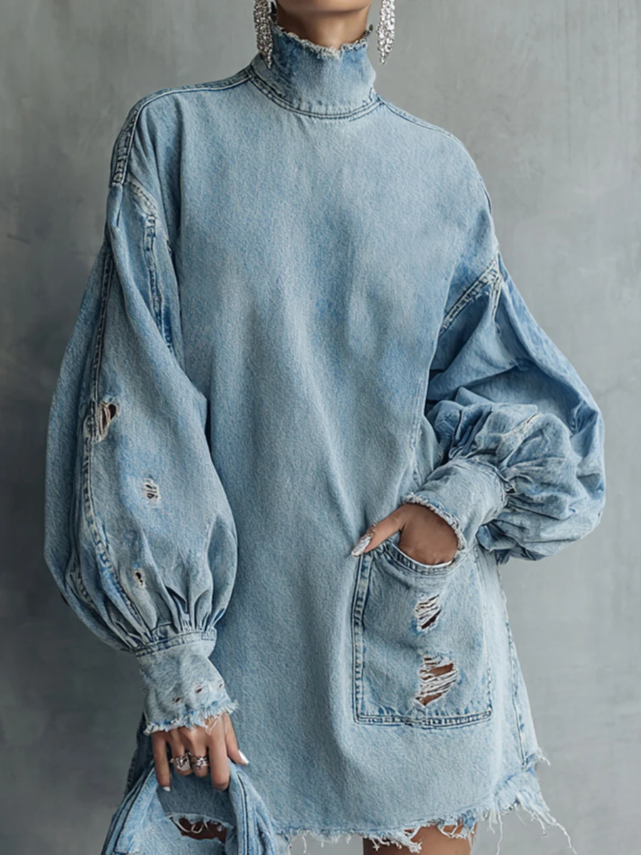 

Women Holes Denim Dress High Collar Lantern Sleeve Pockets Vintage Back Zip Mini Dress Casual High Street Loose Autumn Dress