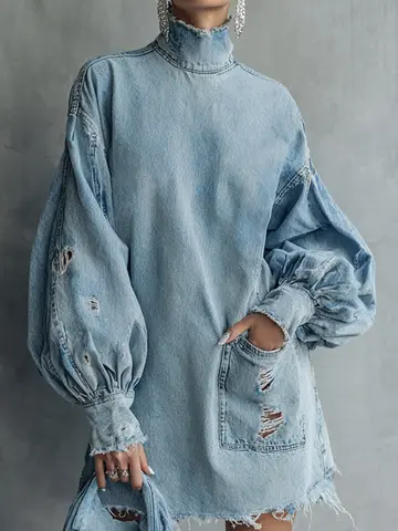Fashion Retro Denim Mini Dress High Neck Lantern Sleeve Pockets Hole Dress High Street Loose Blue Spring Autumn Party Dress
