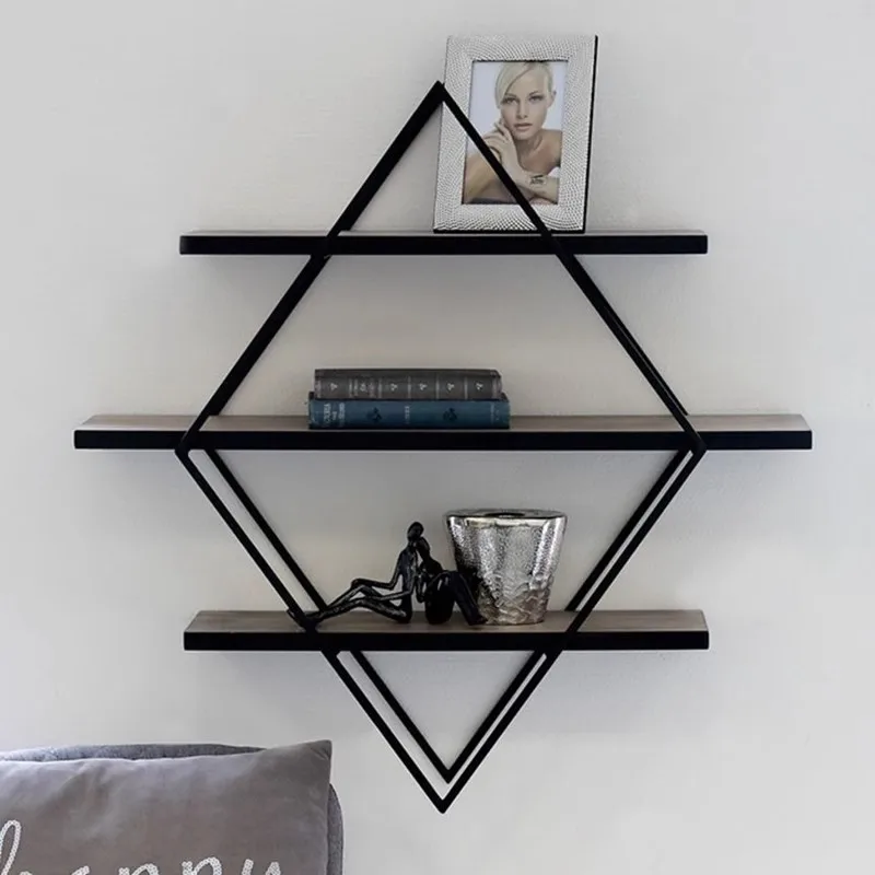 

Nordic minimalist rhombus background wall decorative shelf multi-layer wrought iron wall-mounted bookshelf household wall shelf