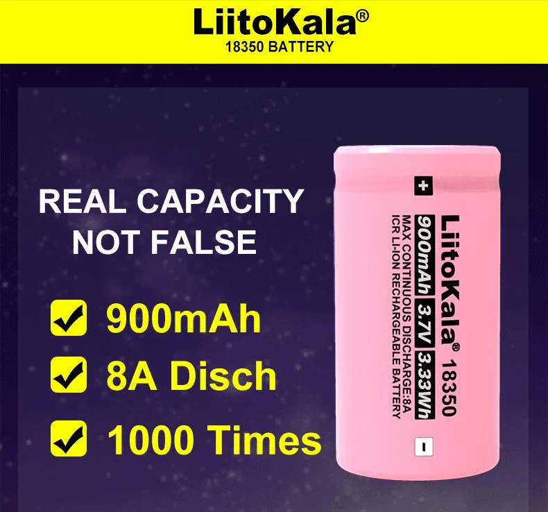 Liitokala New ICR 18350 900mAh Power Rechargeable Lithium Battery 3.7V 8A Power For Electrical Tools Flashlight Batteries