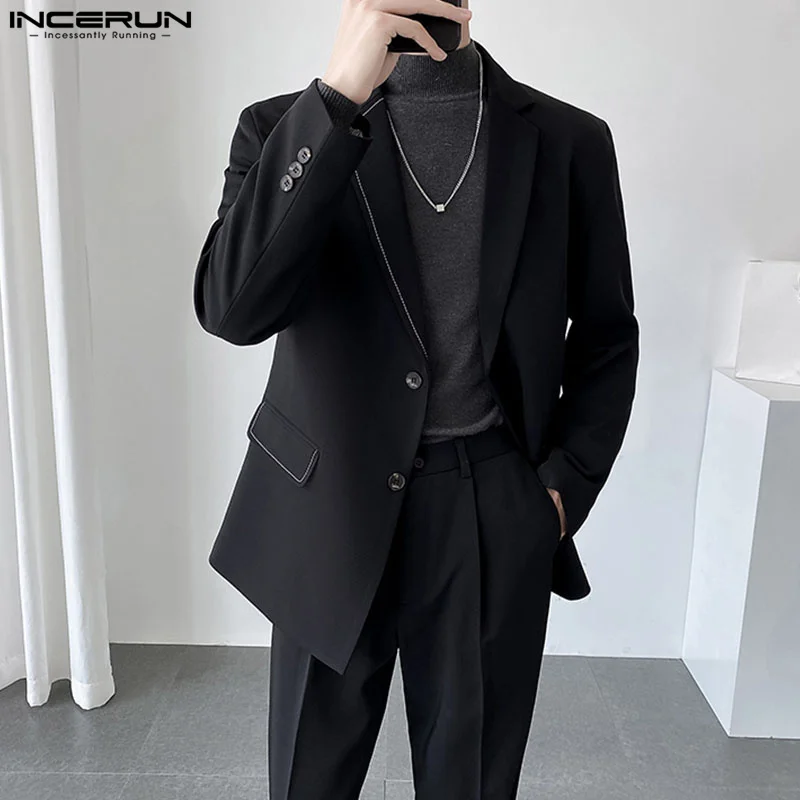 INCERUN Men Blazer Solid Color Lapel Long Sleeve Button Casual Suits Men Streetwear 2024 Spring Fashion Leisur Thin Coats S-5XL