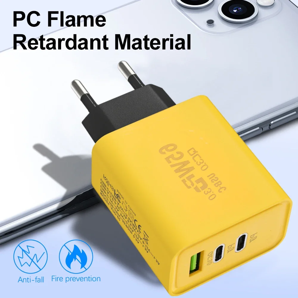 Caricabatterie per telefoni cellulari GaN USB PD da 65 W a 3 porte Cavo dati di ricarica ad alta velocità da USB C a tipo C Adattatore da parete per