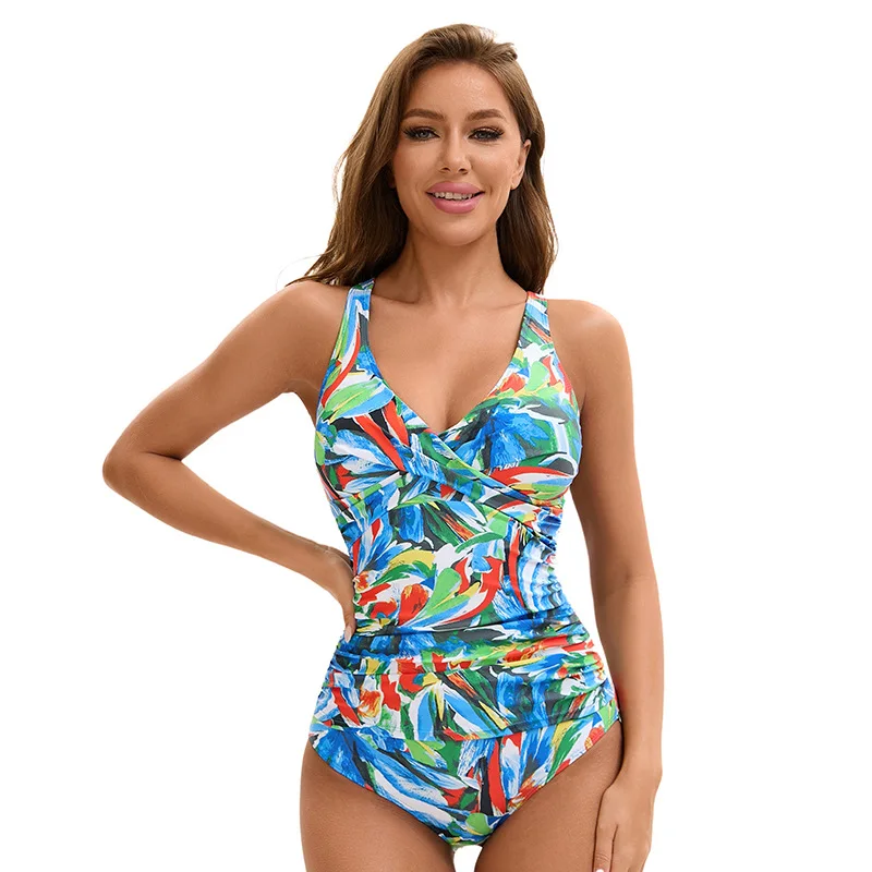 Women Ruched Printed Backless Slim Fit Triangle Swimwear