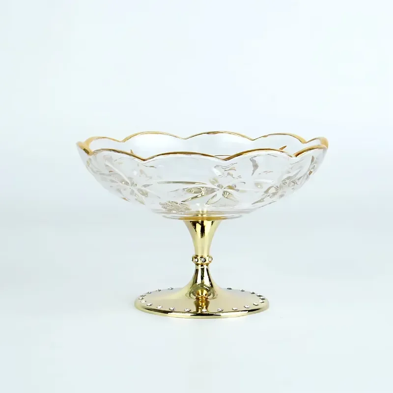 Custom Gold Trimmed Fruit Bowl Cake Plate Stainless Steel Base Crystal Serving Tray for Home Decor and Party Use