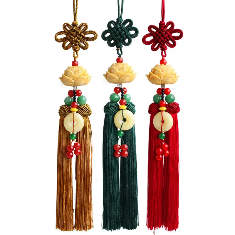 Chinese Knot Natural Obsidian Carved Lotus God of Fortune Amulet Lucky Pendant Silk Tassel keychain Fashion Jewelry 2022