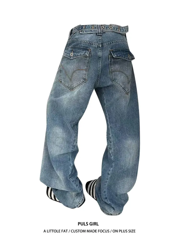 

High Waist Wide Leg Jeans Women's Loose Fit Ripped Denim Pants American Retro Washed Adjustable Buckle Knife Jeans