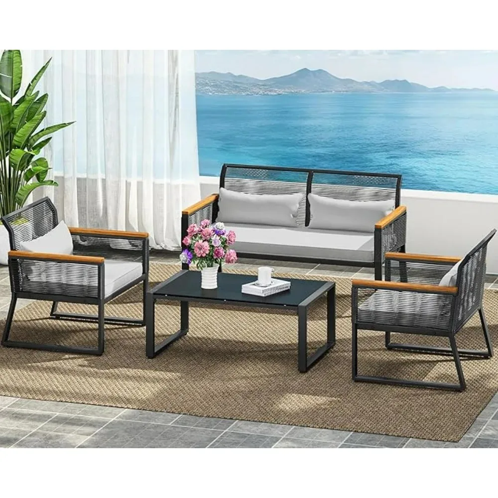 

4Pcs Outdoor Wicker Patio Conversation Furniture Set, All-Weather Wicker Bistro Rattan Loveseat Set with Wooden Armrests