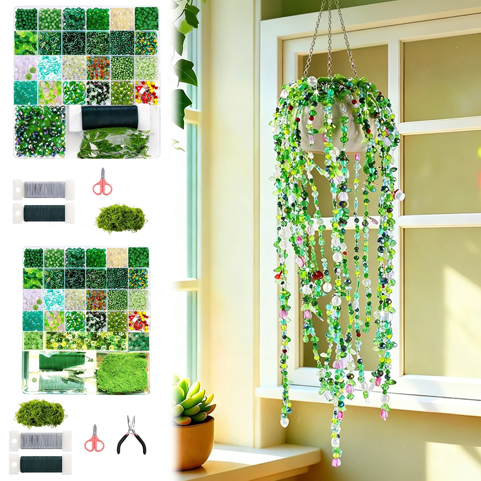 

Green Beaded Plant Kit Handmade Making DIY Green Crystal Glass Beading Jewelry Crafting Set Rings Earring Crafts Diy Bracelets