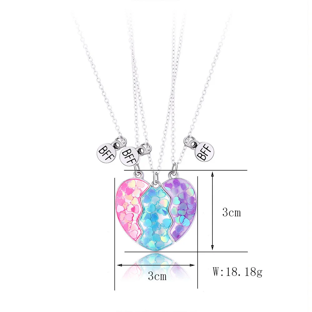 3pcs Magnetic  Best Friends Pendant Necklace Stitching Heart Colorful Sequins Necklace Gift For Men Or Good Friends Or Couples