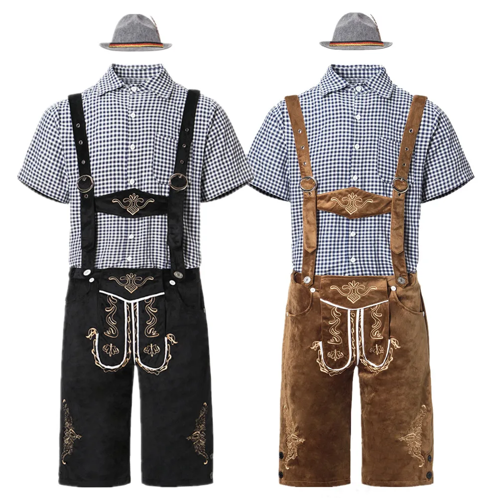 Duits Oktoberfest Kostuums Mannen Traditionele Bavarische Bier Mannelijk Shirt Rompertjes Korte Broek Hoed Set Cosplay Halloween Fancy Party Outfit