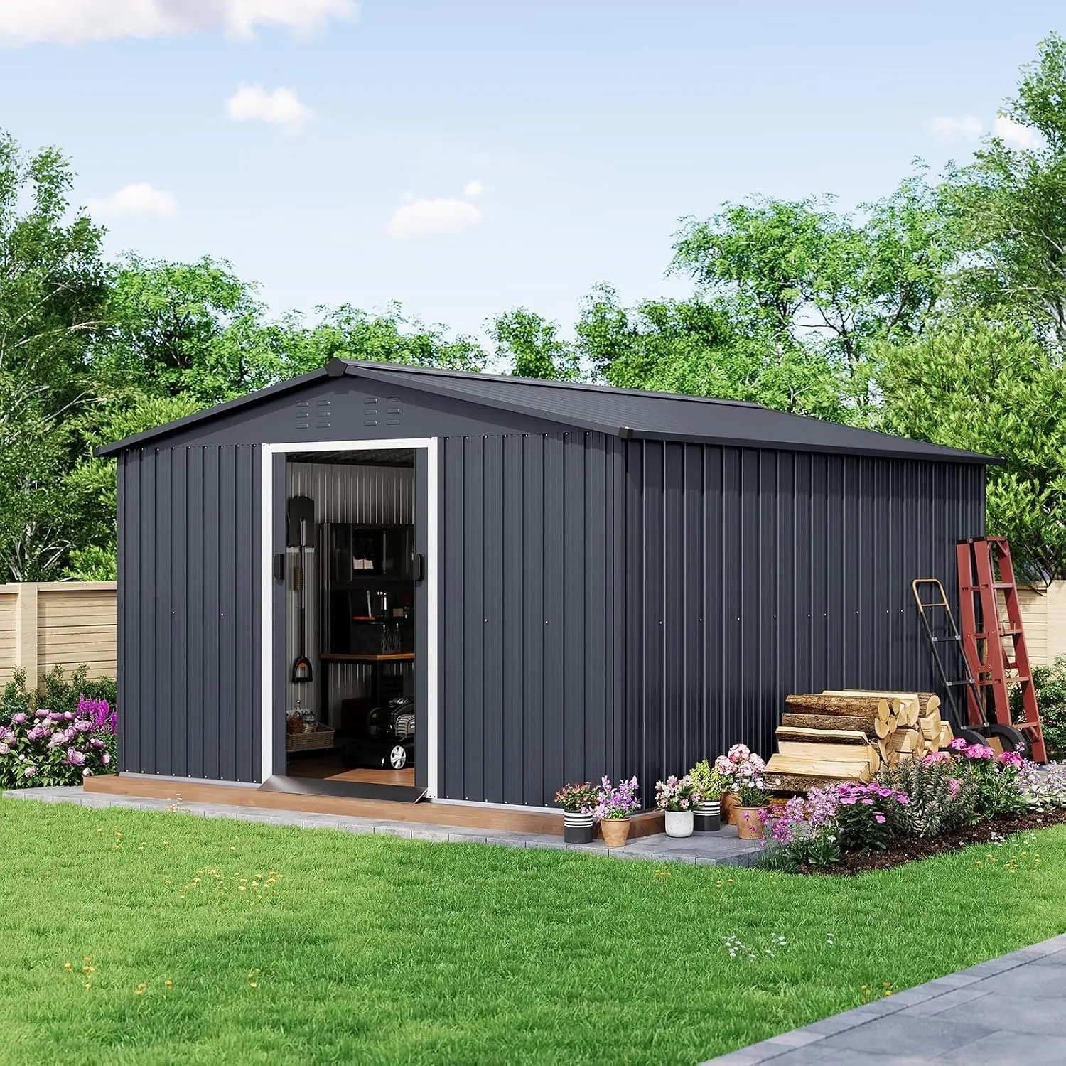 10x12 ft Metal Storage Shed with Pitched Roof & Lockable Door, Outdoor Weatherproof Yard Tool Storage Shed for Organizing Bike,