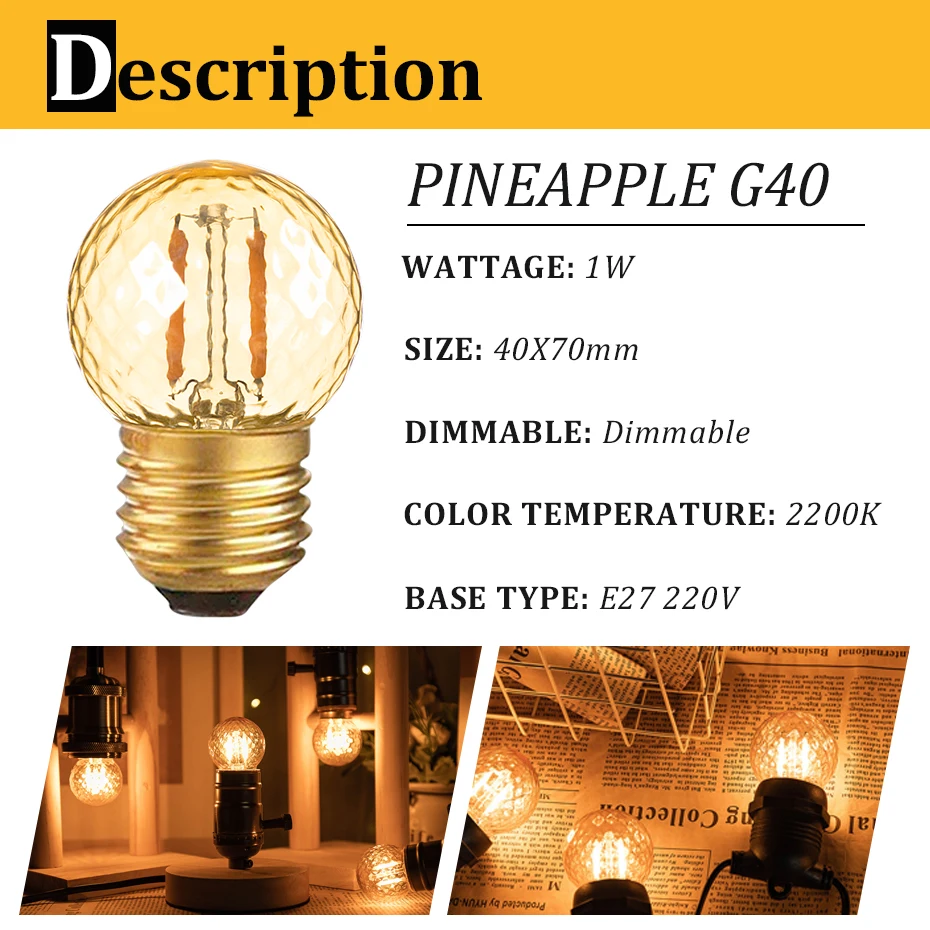 Genixgreen Gold Tint Vintage Globe Light Bulbs G40 Dimmable E27 Screw Base 1W Pineapple Shaped Round Bulb For String Light Decor