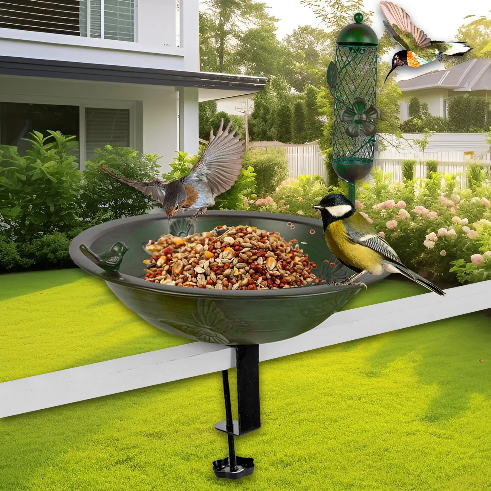 

Ванна для птиц на открытом воздухе, кормушка для птиц, металлическое крепление на палубу, миска для ванны для птиц с регулируемым зажимом для украшения ограждения на балконе