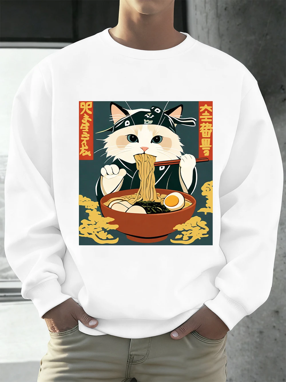 Sudaderas con estampado de Cats Like Lamian Noodles para hombre, sudaderas con capucha de gran tamaño para invierno, jerséis cálidos de lana con cuello redondo, ropa coreana para hombre