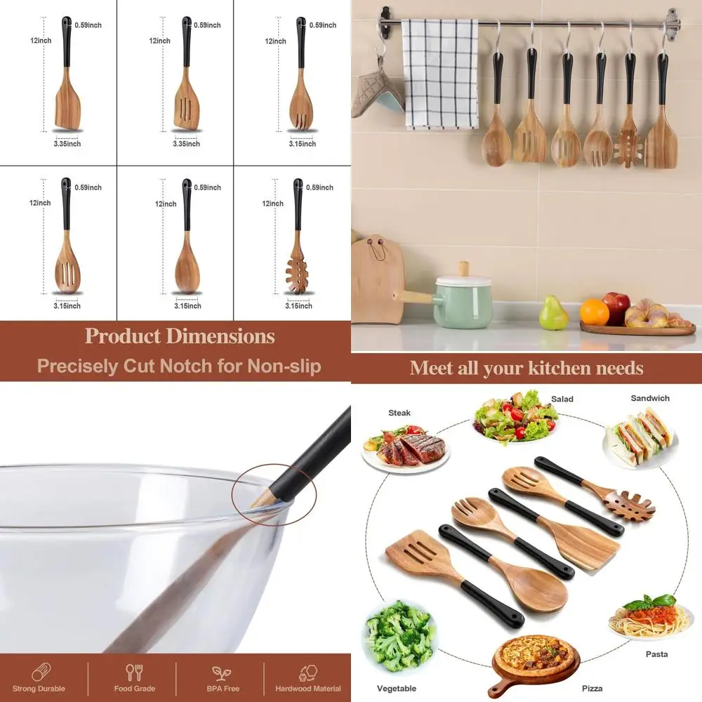 

Набор кухонных принадлежностей из натурального дерева акации, 6 предметов, с антипригарным покрытием, гладкая ручка с отверстием для подвешивания, черный