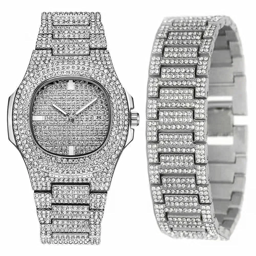 

2PCS Bracelet + Watches for Men Women Iced Out Clock Date Gold Jewelry Hip Hop Rapper Male Reloj Hombre Bangles Gifts